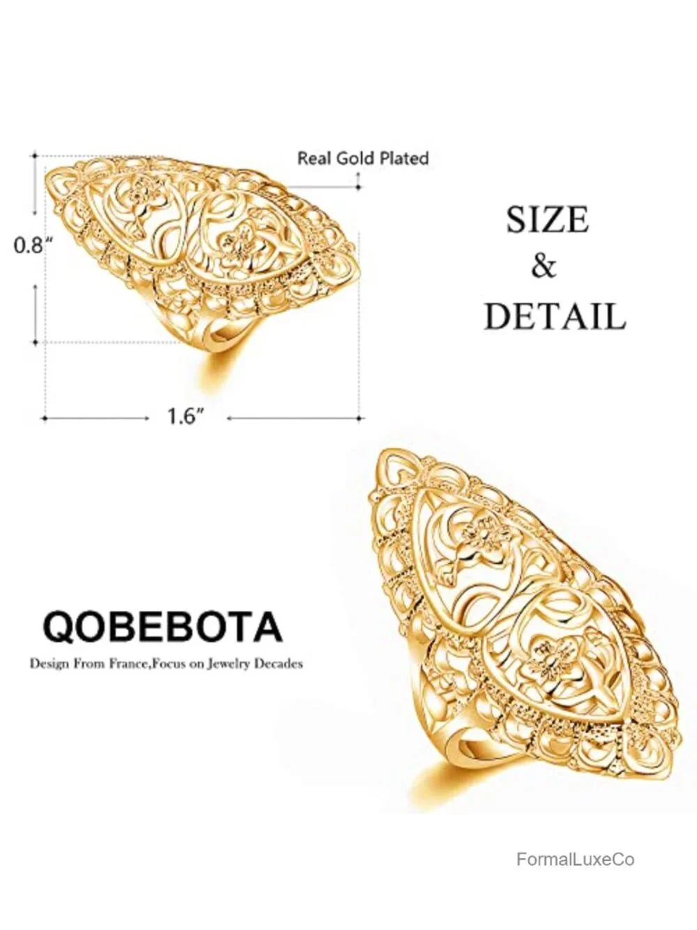 Women's Boho Full Finger Wide Band Statement Ring Gold Plated